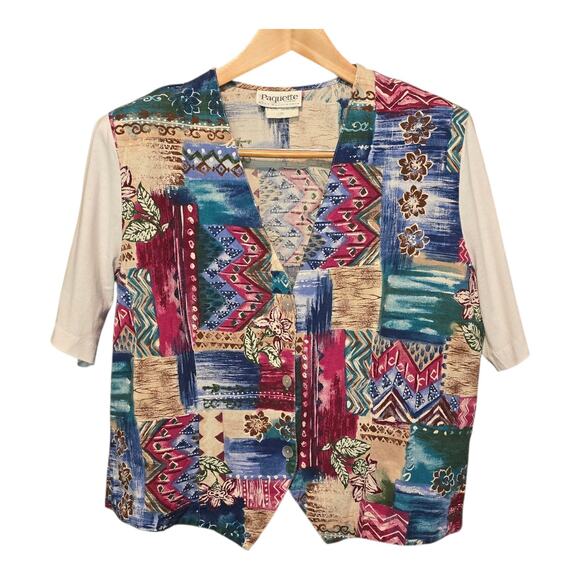 Vintage Paquette Top Womens Size 2X Patchwork V-Neck Short Sleeve Artsy Colorful - Picture 1 of 7